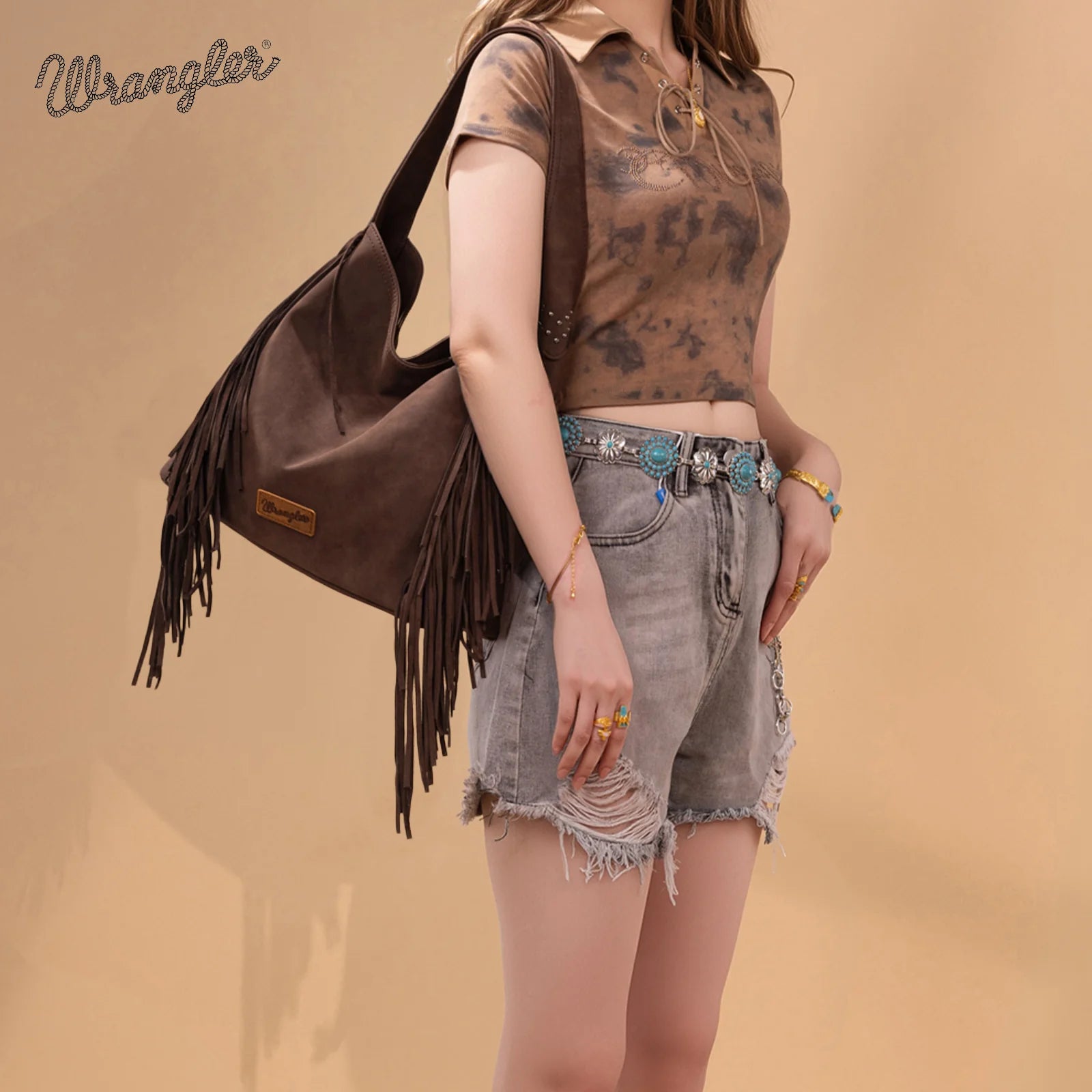 Sac hobo clouté à franges Wrangler - Café