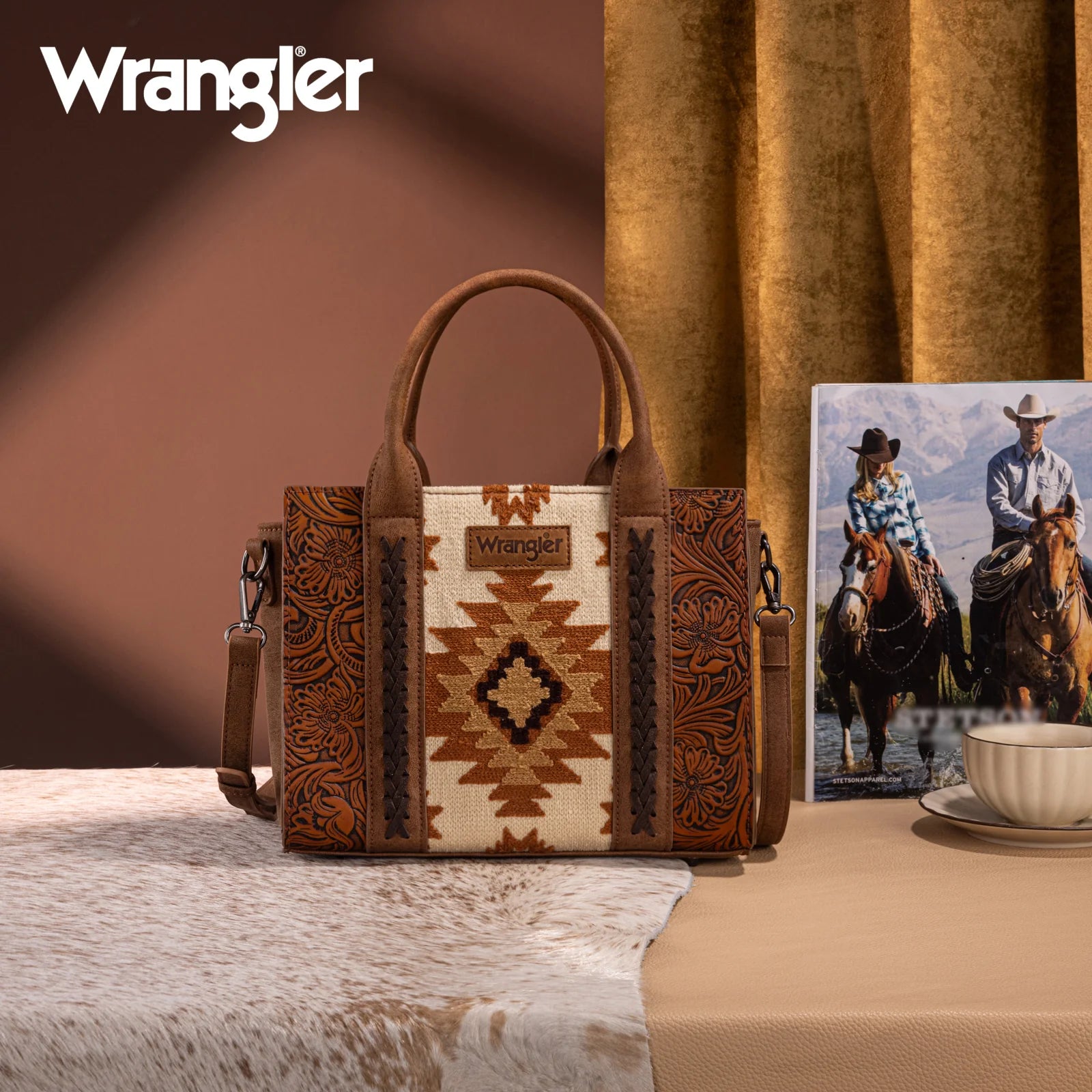 Sac fourre-tout/sac bandoulière dissimulé à imprimé aztèque Wrangler Tooled - Brun