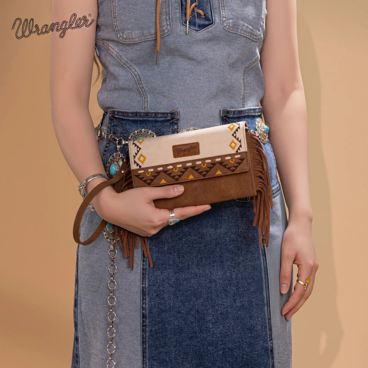 Wrangler Aztec Embroidered Fringe Wallet/Crossbody