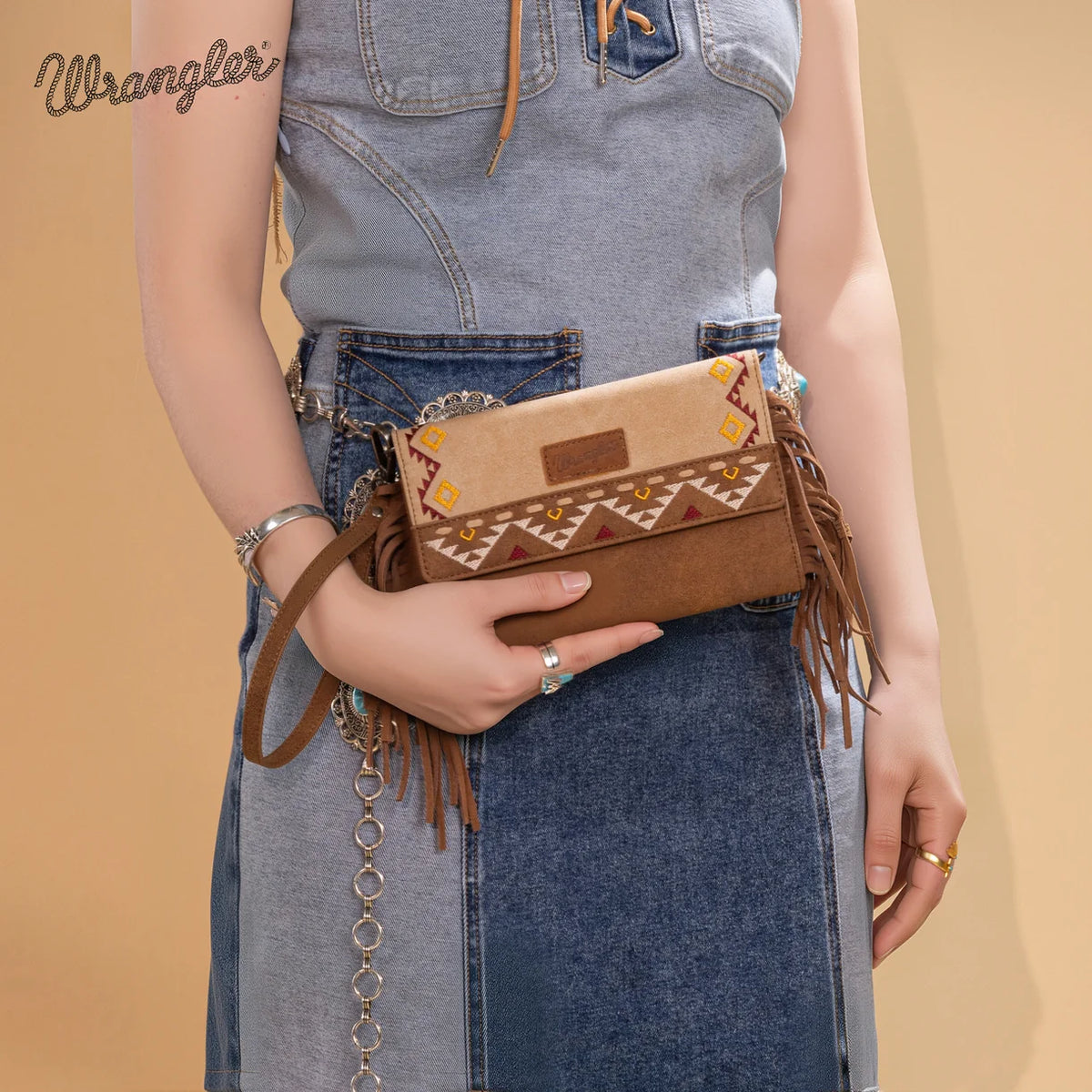 Wrangler Aztec Embroidered Fringe Wallet/Crossbody