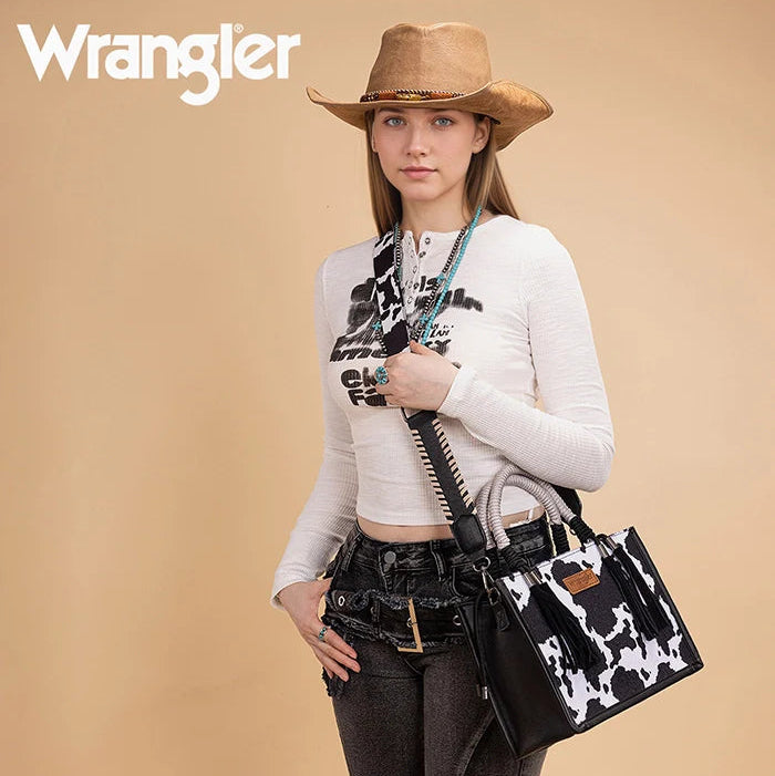 Wrangler Cow Print Rope Handle Tote Bag - Black
