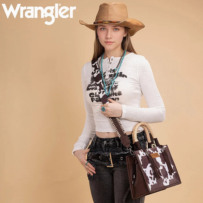 Wrangler Cow Print Rope Handle Tote Bag - Coffee