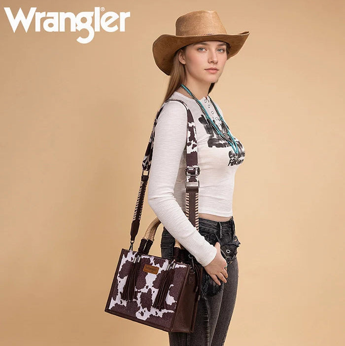 Wrangler Cow Print Rope Handle Tote Bag - Coffee