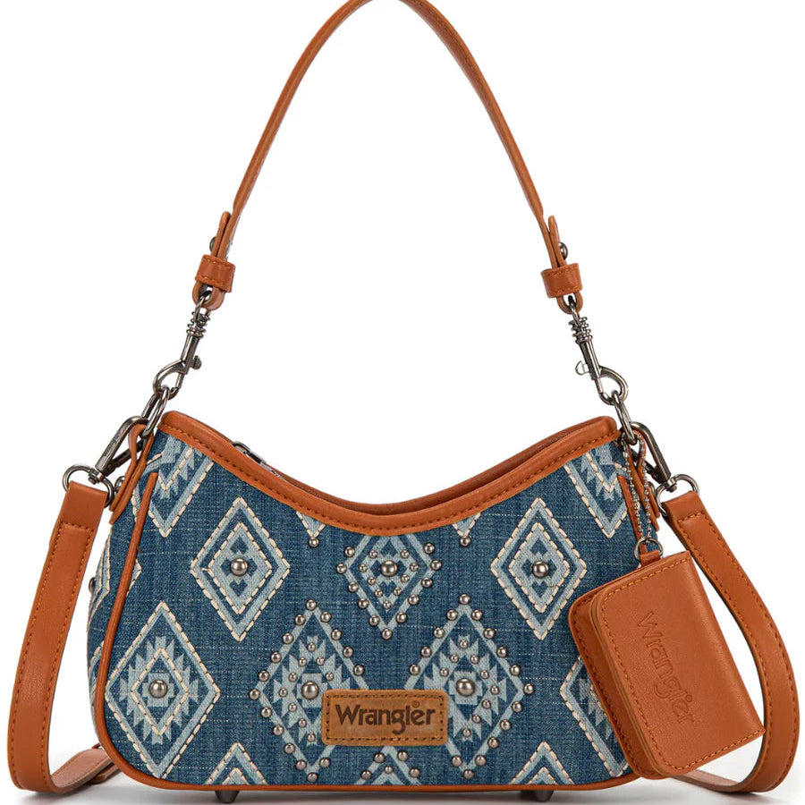 Wrangler Aztec Studded Denim Shoulder Bag with Mini Pouch - Jean