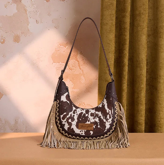 Wrangler Cow-Print Fringe Hobo Bag