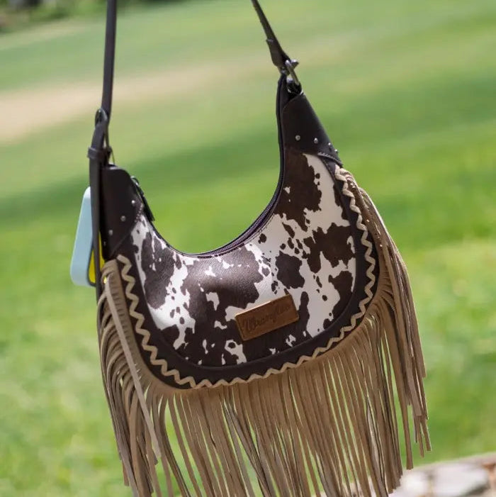 Wrangler Cow-Print Fringe Hobo Bag