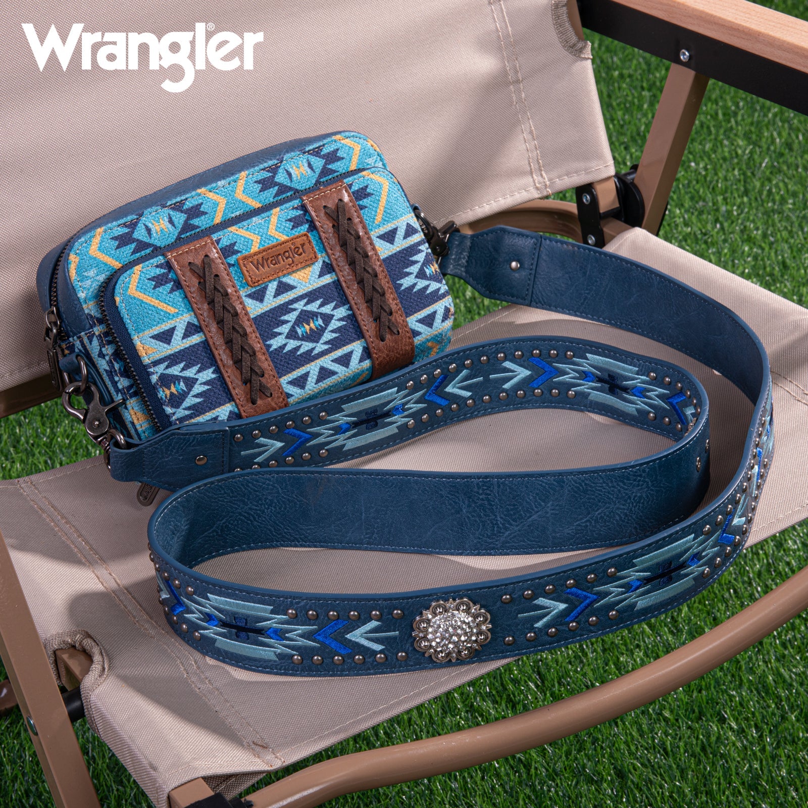 Sac à main bandoulière Wrangler imprimé aztèque avec compartiment portefeuille - Bleu marine