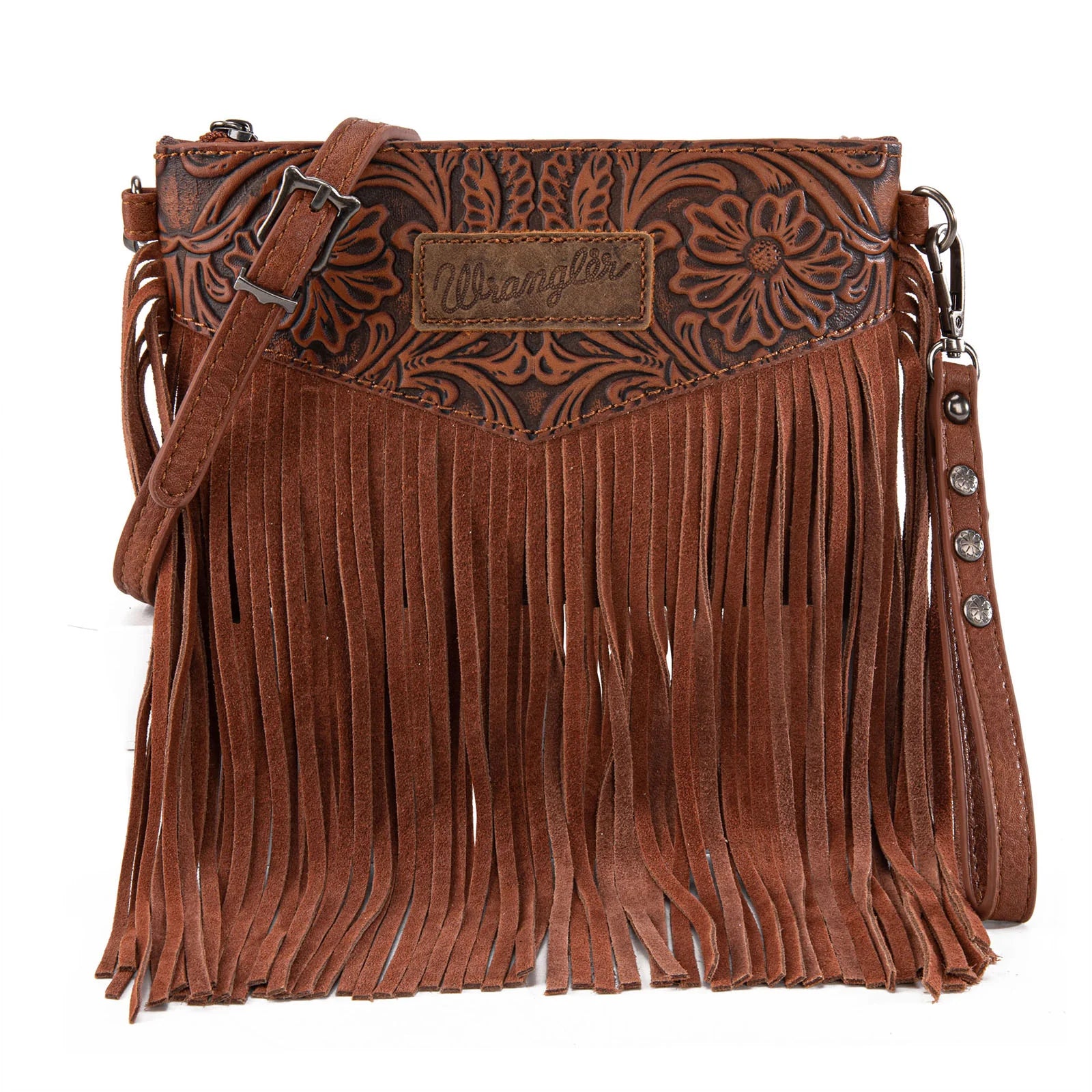 Wrangler Vintage Floral Tooled Collection Fringe Wristlet/Crossbody - Brown