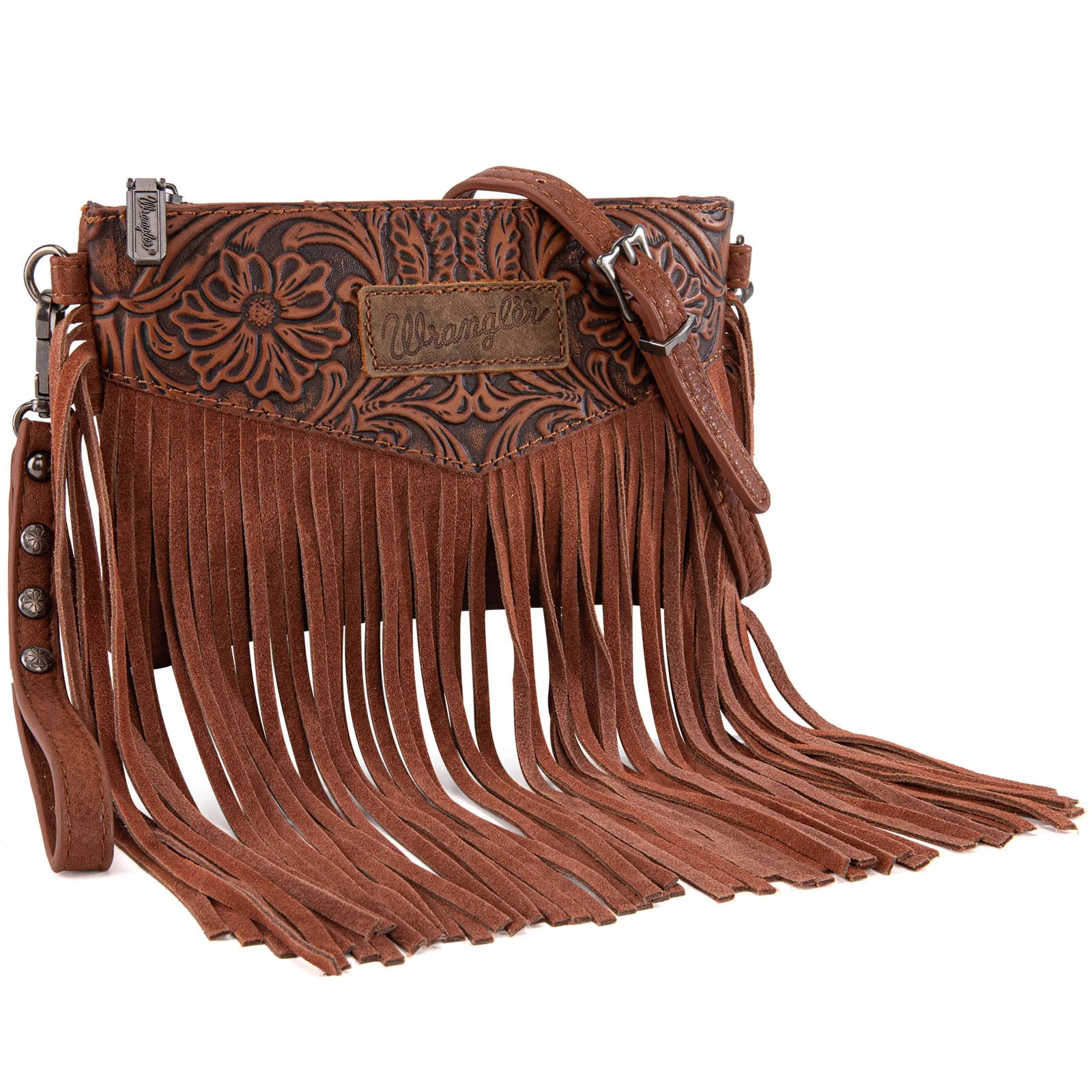 Wrangler Vintage Floral Tooled Collection Fringe Wristlet/Crossbody - Brown