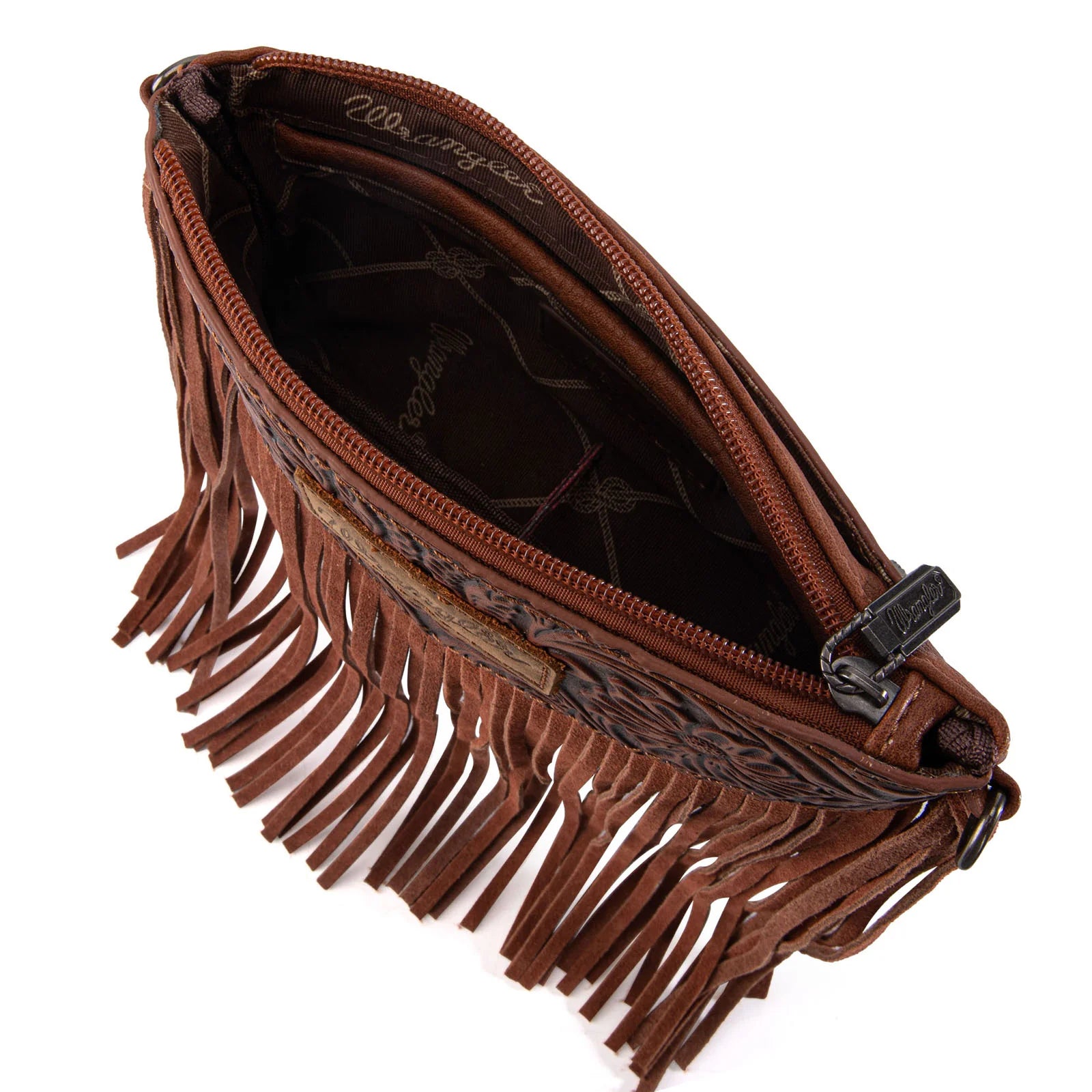 Wrangler Vintage Floral Tooled Collection Fringe Wristlet/Crossbody - Brown